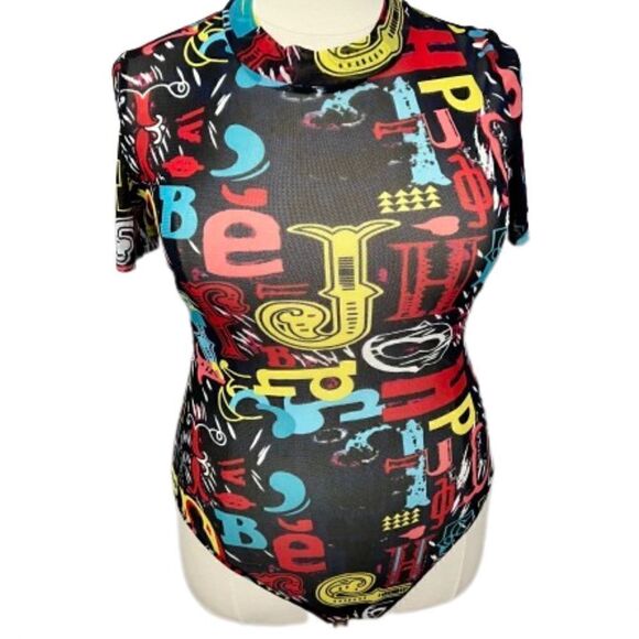 Tops - Sheer mock turtleneck short sleeve alphabet graphic print bodysuit - 1X‎